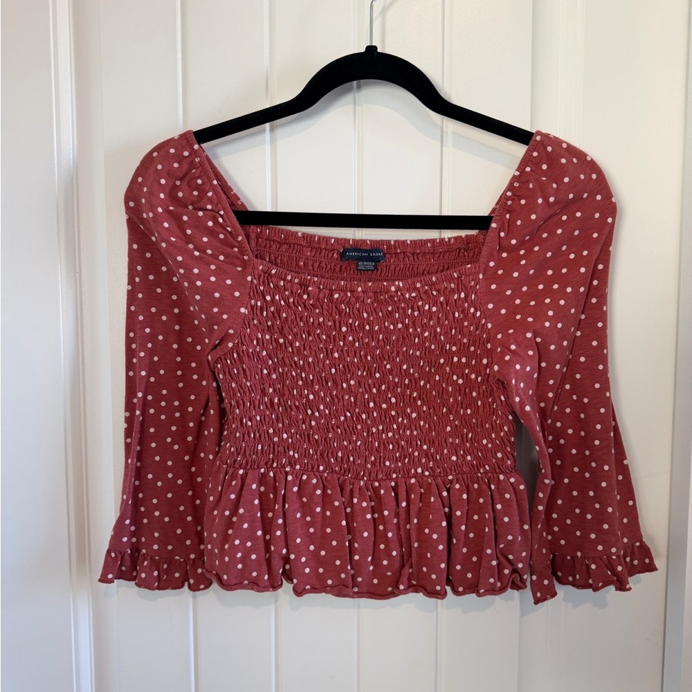 American Eagle Outfitters Red Polka Dot Smocked Blouse